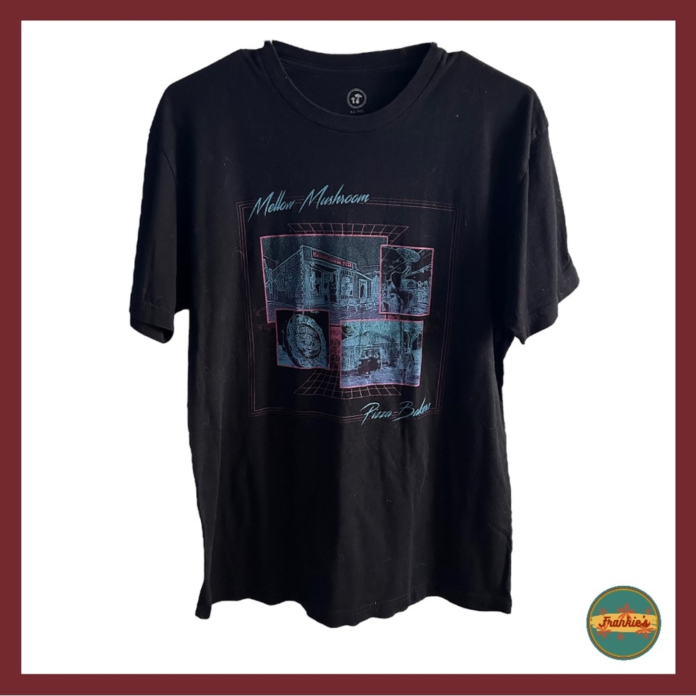 House of Shroom - Mellow Mushroom Black T-Shirt 80s Retro Design Size Medium